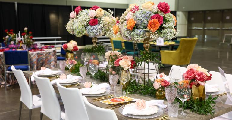 tablescape of multicolored flowers