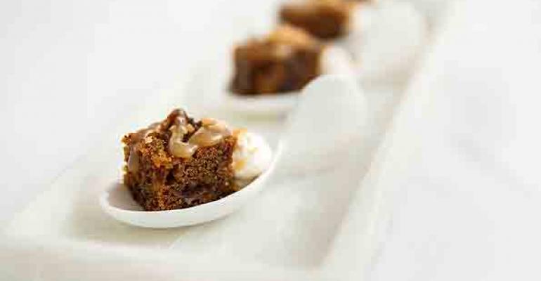 Sticky toffee pudding spoons with toffee sauce and vanilla bean cream from Culinary Capers Catering